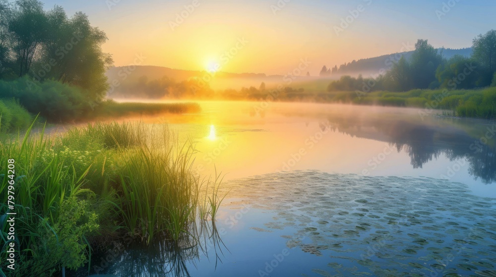 b'Beautiful sunrise over a lake with lily pads and tall grass in the foreground'
