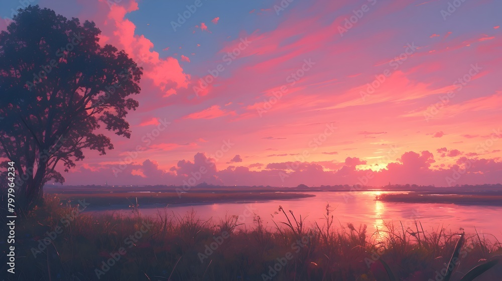Vibrant Sunset Reflecting on Tranquil Lake Surrounded by Lush Foliage and Dramatic Skies