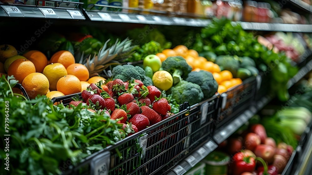 Grocery cart with fruits vegetables and other products in a dark supermarket aisle. Concept Supermarket photography, Grocery shopping, Dark aisle, Fresh produce, Food products