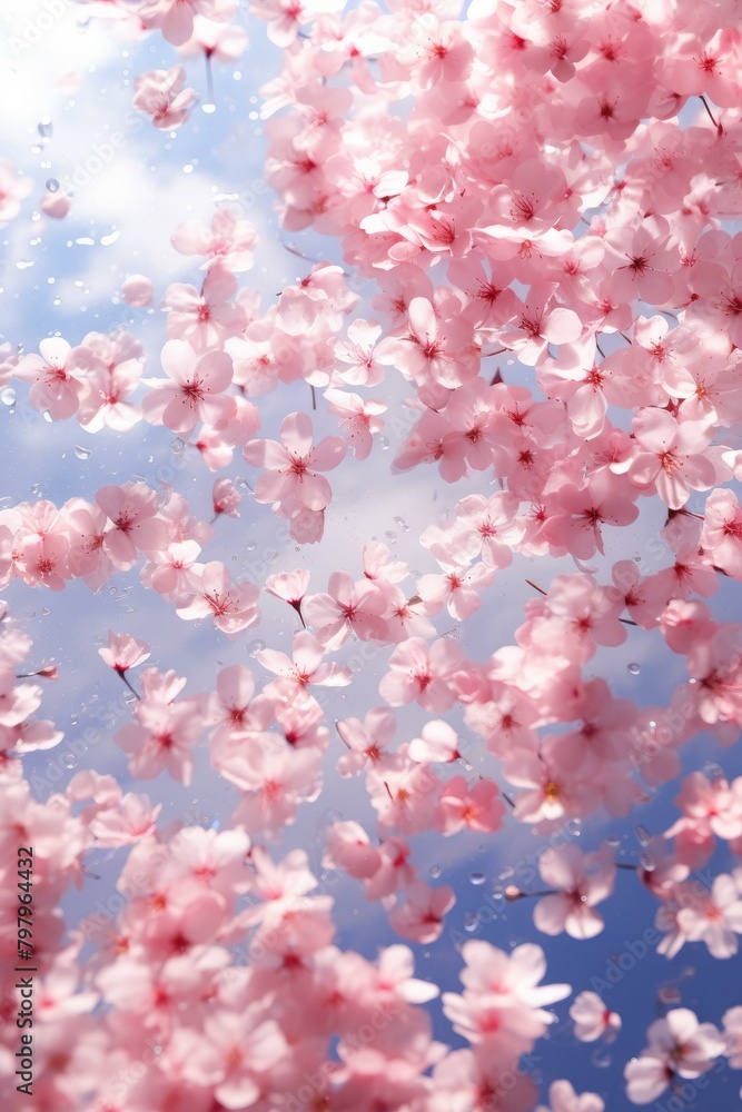 b'Cherry blossom petals floating in water'
