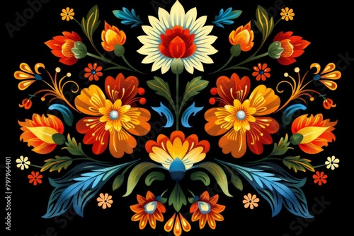 Symmetrical Flower and Leaf Painting on Black Background