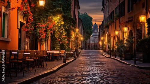 b Charming cobblestone street in Rome  Italy 