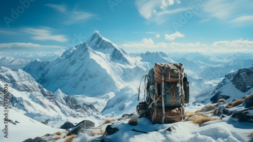 b'A backpack sits on a snowy mountaintop overlooking a vast mountain range'