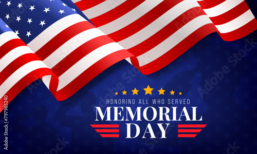 Happy usa memorial day background, greeting card and banner with american flag, star and soldier silhouette. Veteran or memorial day celebration poster. 4th of july independence day holiday background