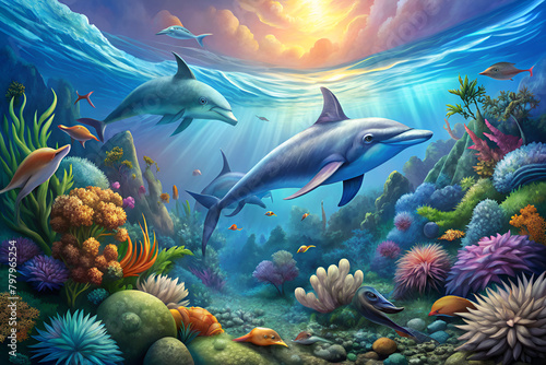 Dolphins are surrounded by beautiful coral reefs