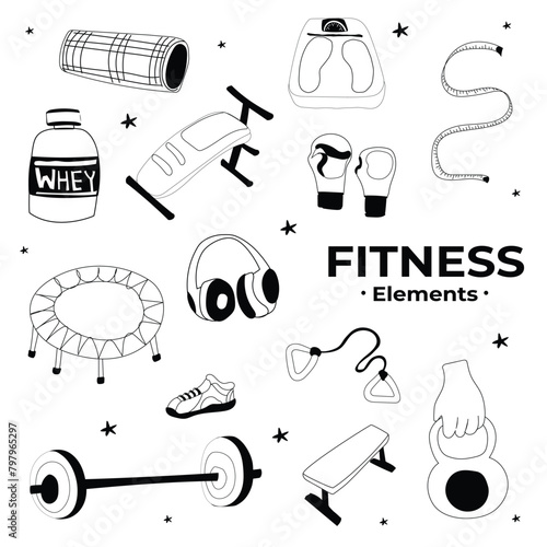 Fitness equipment set, Vector illustration of fitness doodle, Fitness elements.
