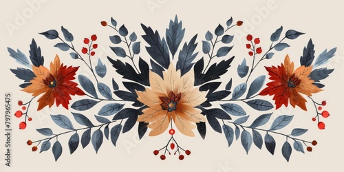 Symmetrical Painting of Flowers and Leaves on a White Background