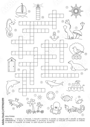 Crossword puzzle. Sea theme. Game and Coloring page. French language. Vector illustration. 