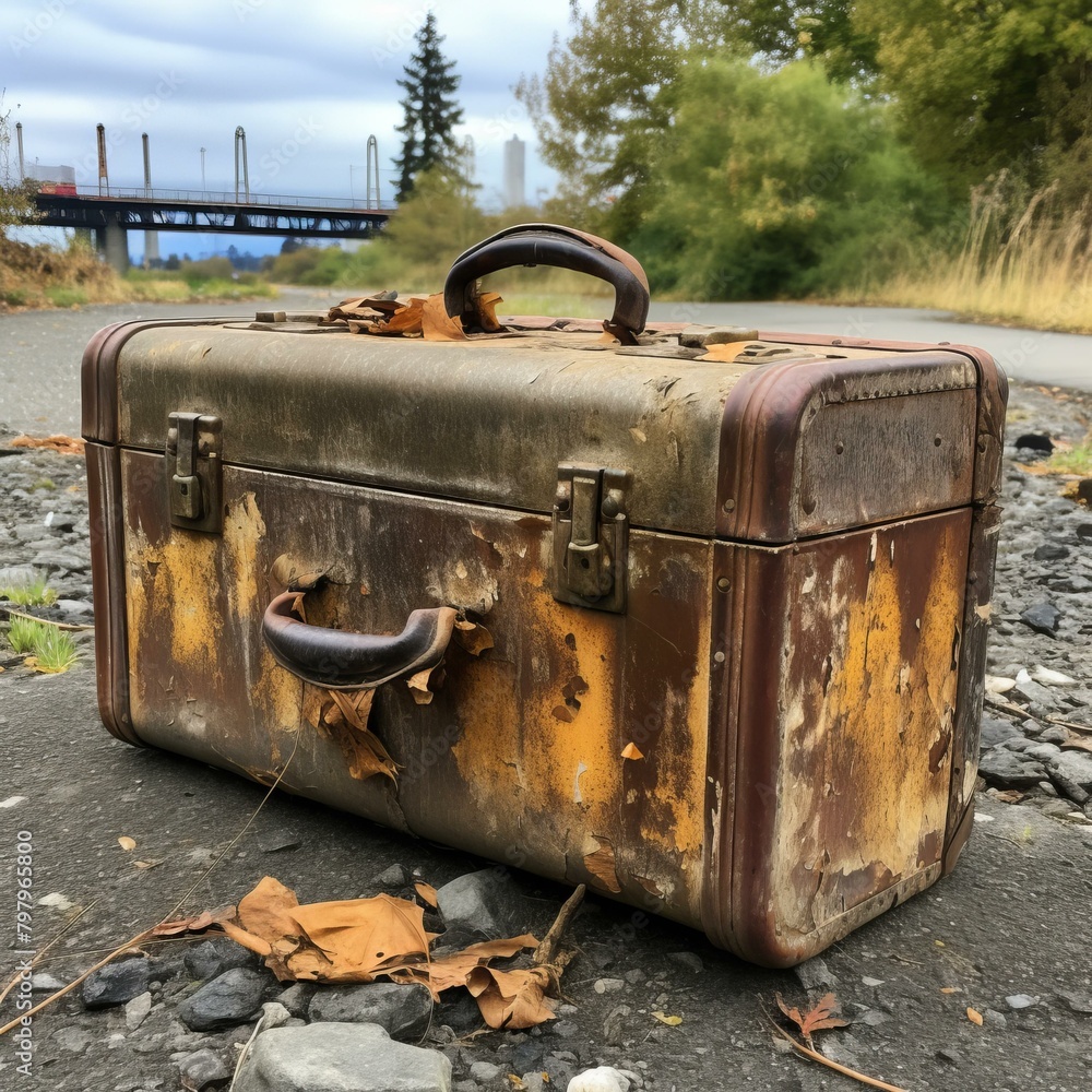 b'weathered suitcase sits on a rocky road' b'weathered suitcase sits on a rocky road'