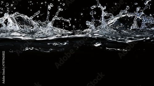 b'Black and white water splash with droplets'