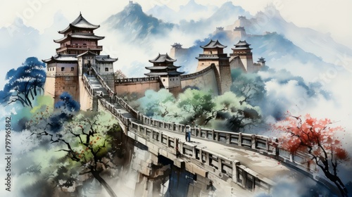 b Chinese ink painting of the great wall 