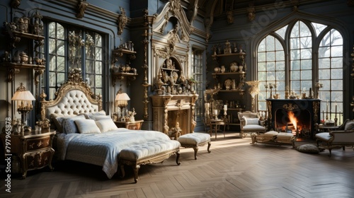 b'Ornate and detailed bedroom with a fireplace'