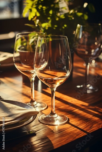 b Two glasses of rose wine on a wooden table in a restaurant 