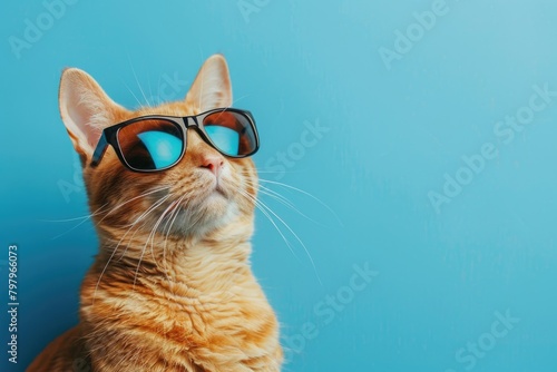 Cool orange cat wearing sunglasses on blue background. Perfect for pet lovers or summer concepts