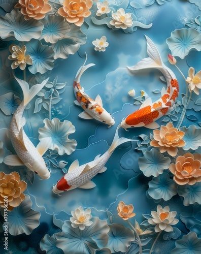 b'Three koi fish swimming in a pond with water lilies'