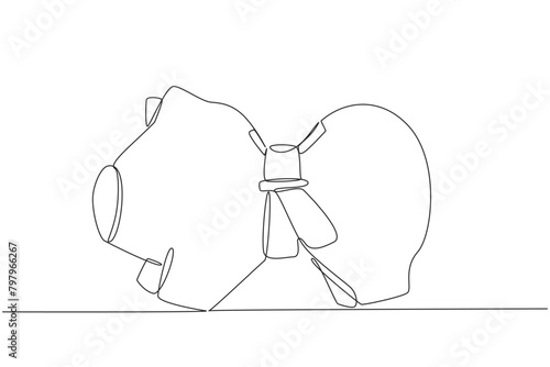 Continuous one line drawing tighten the belt around the piggy bank's stomach. Reduce unnecessary costs. Avoid financial crisis. Avoid recession. Save money. Single line draw design vector illustration