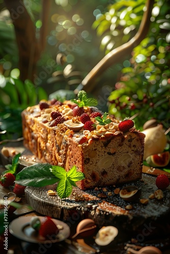 b'Close up of a delicious homemade fruitcake with nuts and berries' photo