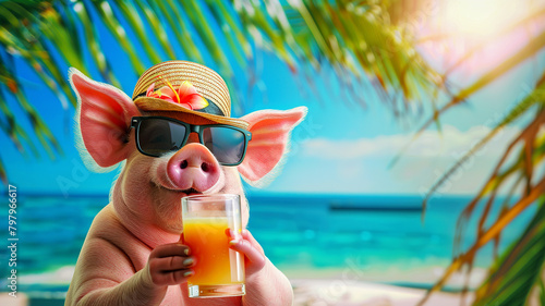 A pig in a straw hat and sunglasses on the ocean shore with a cocktail on a sunny summer day. © Svetlana Rey