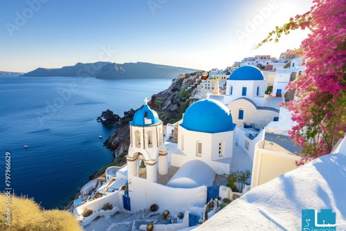 b'Santorini, Greece. Famous whitewashed buildings with blue domed churches on the edge of a cliff overlooking the Aegean Sea.' photo