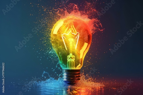 b'Light bulb with water and colors explosion'
