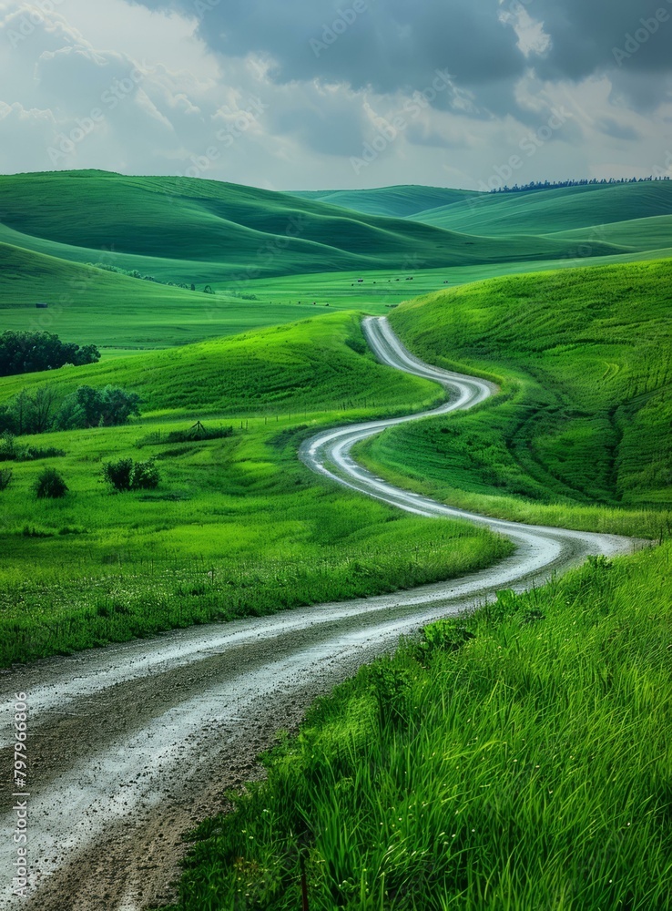 b'Winding road through green hills'