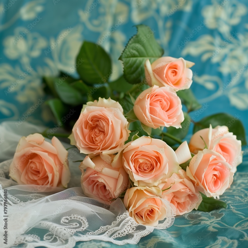 Bouquet of roses in peach color on the table against the background of bluegreen wallpaper. Bouquet of roses in peach color on the table against the background of bluegreen wallpaper.
