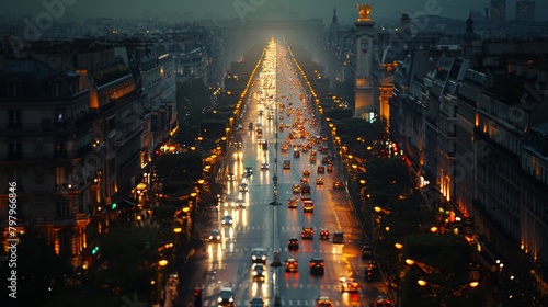 Dusk over Champs-Elysées with glowing streetlights and a busy boulevard view. photo