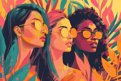 b Three young women of different ethnicities wearing yellow sunglasses 