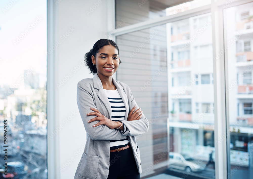 Crossed arms, window and portrait of professional black woman with confidence, company pride and startup. Business, office and person in workplace for career, job opportunity and working in building Crossed arms, window and portrait of professional black woman with confidence, company pride and startup. Business, office and person in workplace for career, job opportunity and working in building