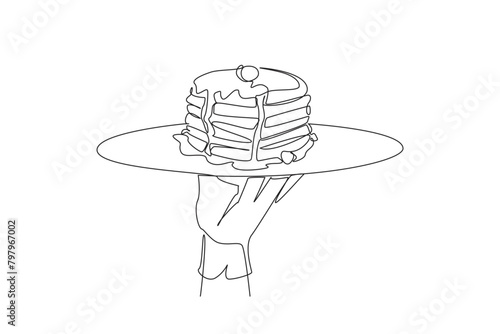 Continuous one line drawing waiter holds a food tray serving pancakes. Traditional Eastern European food. Sweet taste. Stacked cakes. Delicious. Enjoyment. Single line draw design vector illustration
