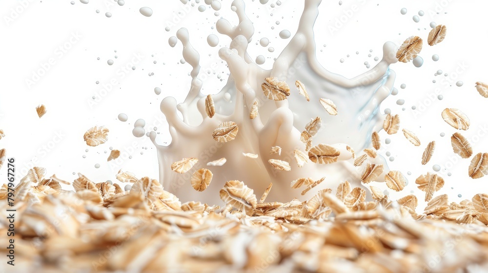 Falling oat flakes with milk splash isolated Falling oat flakes with milk splash isolated
