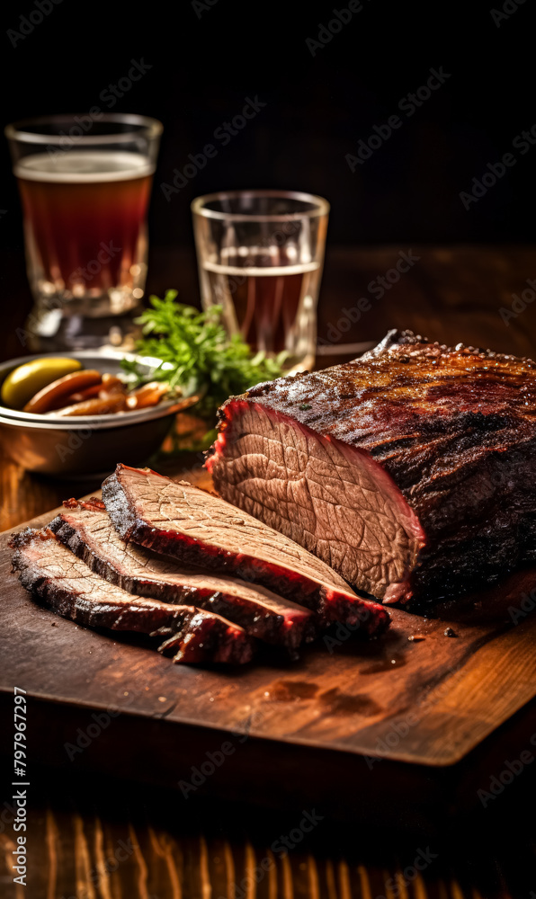 A slab of meat is cut into pieces and is sitting on a wooden cutting board. There are two glasses of beer on the table, one on the left and one on the right. The scene is casual and relaxed