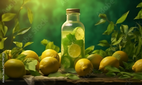 A bottle of lemonade with a few slices of lemon on top. The bottle is on a table with a green background