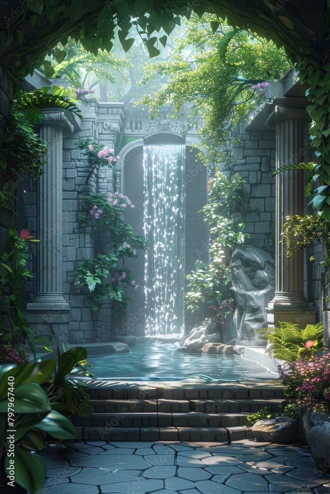 fantasy garden with waterfall and ruins