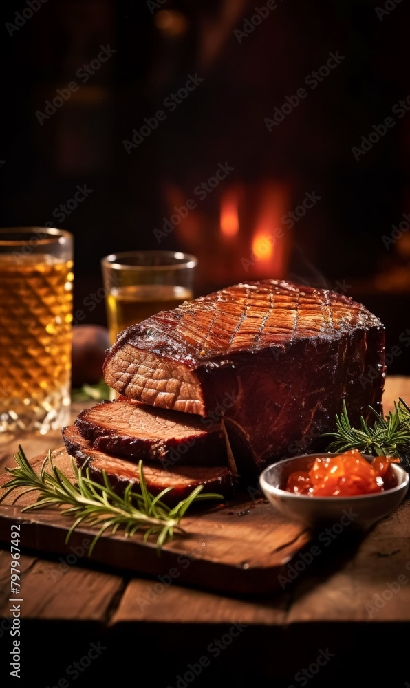 A slab of meat is cut into pieces and is sitting on a wooden cutting board. There are two glasses of beer on the table, one on the left and one on the right. The scene is casual and relaxed A slab of meat is cut into pieces and is sitting on a wooden cutting board. There are two glasses of beer on the table, one on the left and one on the right. The scene is casual and relaxed