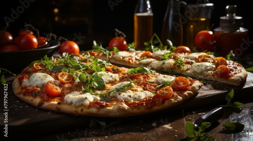 b'half pizza with tomatoes and basil on a wooden board'