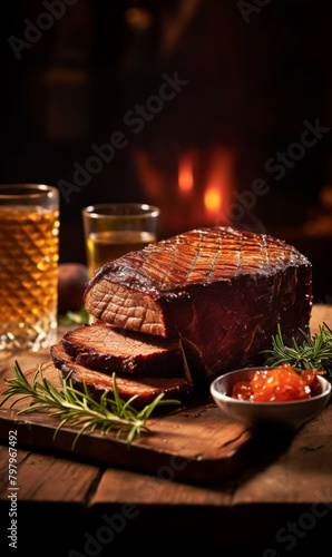 A slab of meat is cut into pieces and is sitting on a wooden cutting board. There are two glasses of beer on the table  one on the left and one on the right. The scene is casual and relaxed