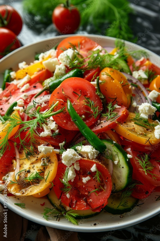 b'Fresh heirloom tomatoes salad with cucumber, onion, feta cheese and dill'