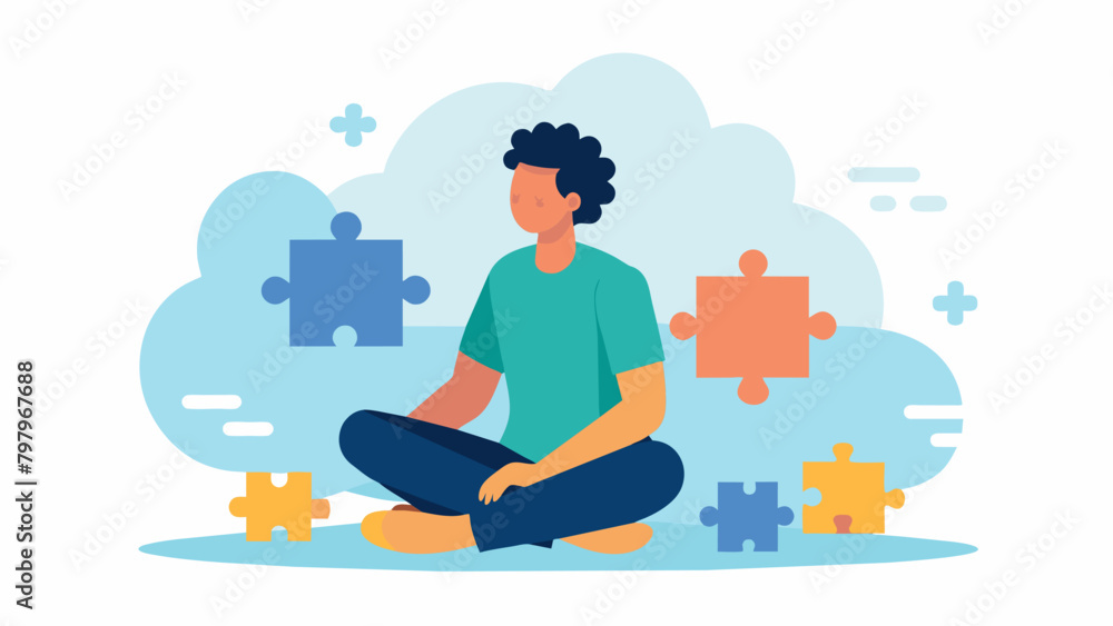 A person sitting in a room with tered puzzle pieces and a quote that reads Mindfulness helps us see the bigger picture and put the pieces together.. Vector illustration A person sitting in a room with tered puzzle pieces and a quote that reads Mindfulness helps us see the bigger picture and put the pieces together.. Vector illustration