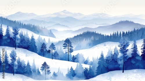 b Blue and white winter landscape with snow-covered hills and pine trees 