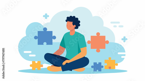 A person sitting in a room with tered puzzle pieces and a quote that reads Mindfulness helps us see the bigger picture and put the pieces together.. Vector illustration