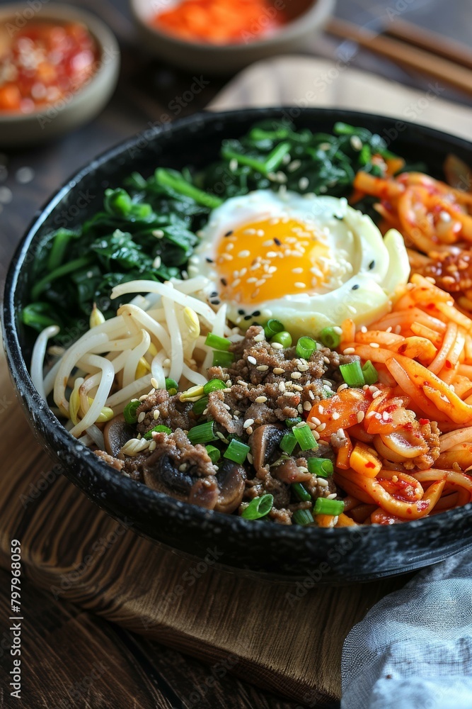 Korean Food, Bibimbap, Rice, Egg, Kimchi, Spinach, Bean Sprouts, Beef, Mushroom Korean Food, Bibimbap, Rice, Egg, Kimchi, Spinach, Bean Sprouts, Beef, Mushroom