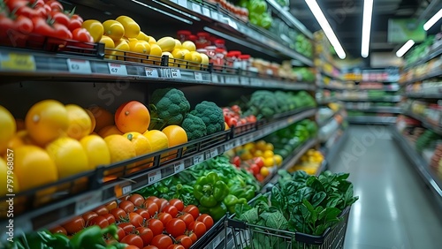 Grocery cart filled with fresh produce in supermarket aisle with shelves. Concept Supermarket Aisle, Fresh Produce, Grocery Shopping, Healthy Eating, Food Choices photo