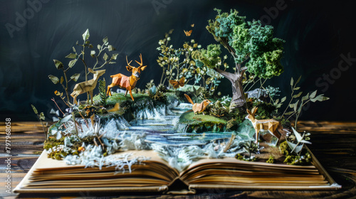 A diorama of a forest with a river running through it made of paper and other materials