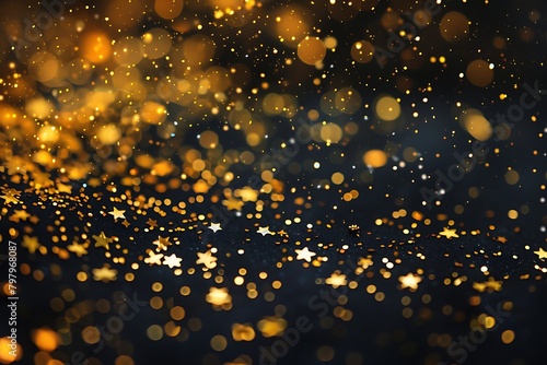 Gold confetti on black background, holiday, Christmas, party, gold, circles, stars, bokeh, glitter, star Shine, lights. Abstract art background background lovely spot bokeh bright celebration 