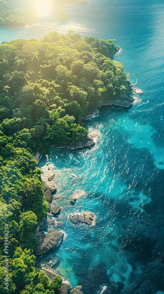 b'Aerial view of a tropical island with green vegetation and a blue ocean'