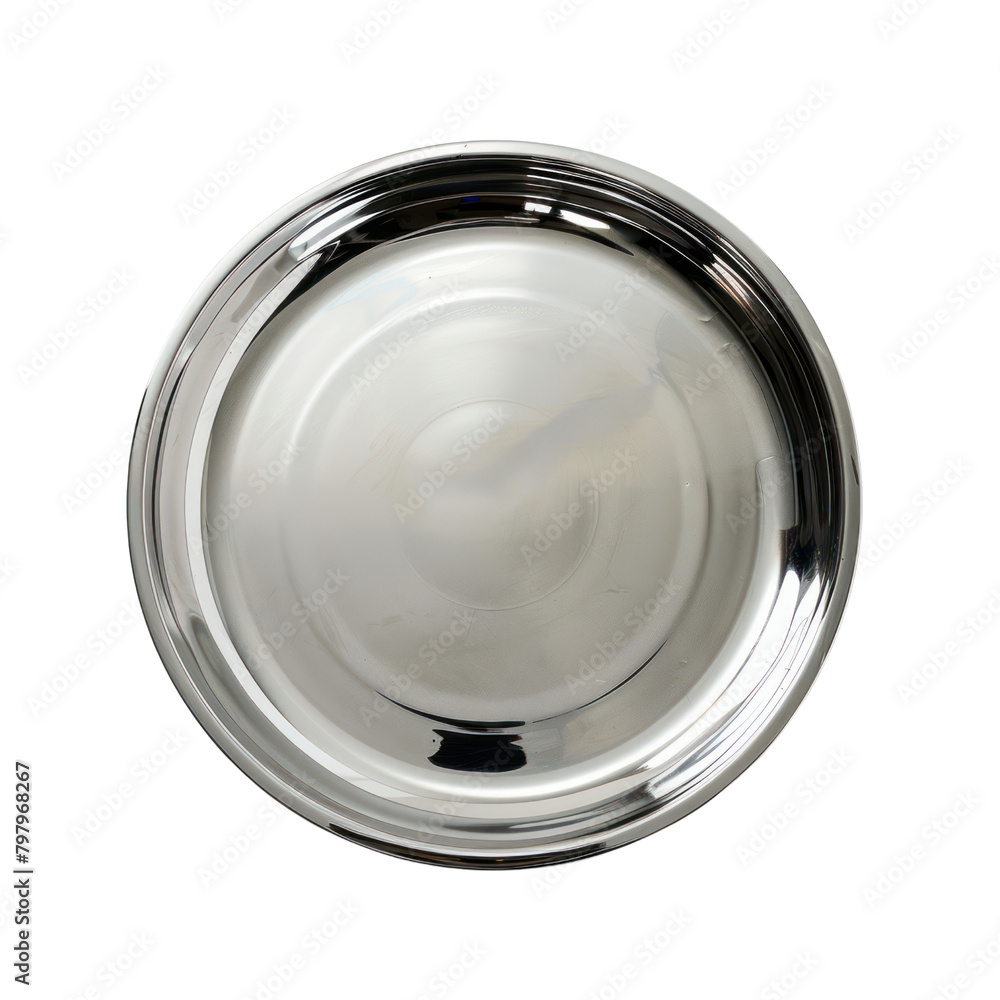Above, empty silver tray isolate on transparent png.
