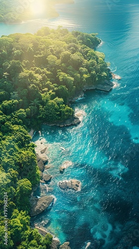 b'Aerial view of a tropical island with green vegetation and a blue ocean' © Adobe Contributor