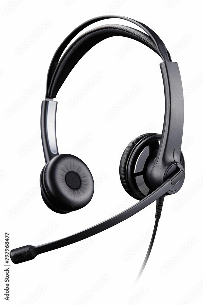Isolated image of a professional black headset with a flexible microphone, designed for clear communication. Isolated image of a professional black headset with a flexible microphone, designed for clear communication.