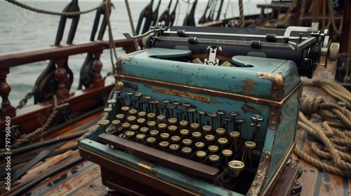An old typewriter sits on a wooden table by the water